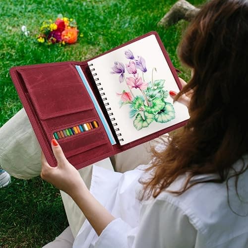 Plinyvel Travel Sketchbook Cover 5.5"x8.5" with Pencil Holder - Waxed Canvas Art Storage Case & Artist Padfolio Organizer Kit (Red) thumbnail 7