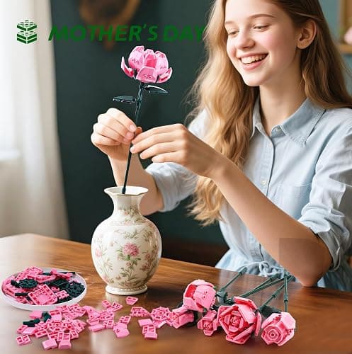 Pink Rose Flower Building Set-10pcs Roses & 2pcs Leaves Botanical Collection, Artificial Flowers for Home Décor, Rose Bouquet Building Kit for Valentine’s Day Christmas Birthday Anniversary (No Vase) thumbnail 4
