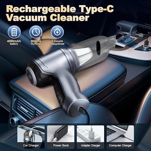 WOTOU Car Vacuum Cleaner: 15000Pa 3 in 1 Brushless Motor Cordless Vacuum with 2 Speeds, Type-C Multi-Nozzles for Car, Office, Home Cleaning thumbnail 5