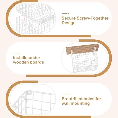 3 Pack Screw Mount Under The Wooden Shelf Laundry Room Organizer: Foldable Wire Basket Space Saving Over The Washer and Dryer - Laundry Organization and Storage, White Patent thumbnail 4