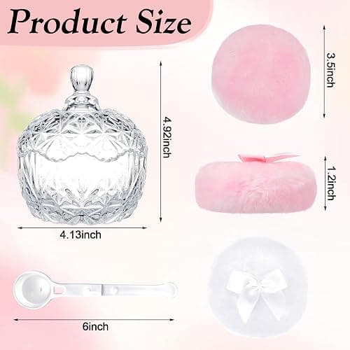 5 Pcs Large Powder Puff and Container with Spoon, Dusting Powder Container with Puff, Washable Reusable Velour for Body Powder Glitter Bathroom Vanity, Crystal thumbnail 2