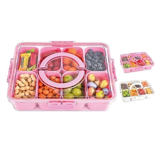 WGBP Snackle Box Container, 8 Compartment Divided Serving Tray with Lid and Handle, Snack Box Container for Candy, Fruit and Snacks, Great for Gatherings, Outings, Parties and Entertaining（Pink） - Image 1