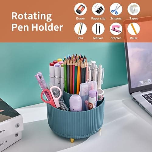 Marbrasse Desk Organiser,360-Degree Rotating Pen Holder for Accessories with 5 Compartments Pencil Organiser,Pen Storage Box Caddy for Office,Home(Dark Green) thumbnail 4