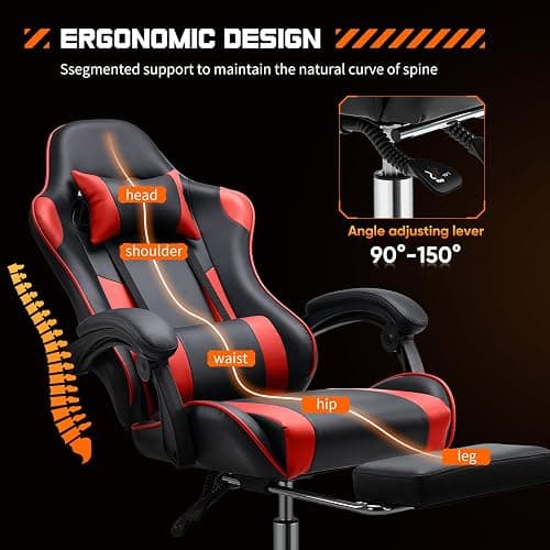 Sweetcrispy Video Game Desk Chair - Ergonomic Computer with Footrest and Comfy Lumbar Support, PU Leather Recliner with Headrest, Fixed Up Armrest, Height Adjustable with 360° Swivel, for Adults, Red - Red - high back thumbnail 4