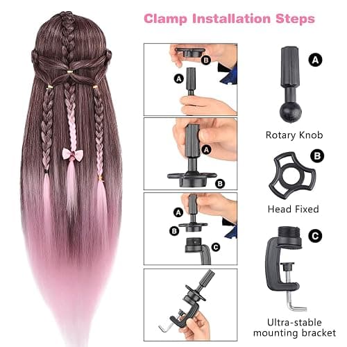 TopDirect Styling Head, 29.5inch 100% Synthetic Fiber Hairdressing Head, Cosmetology Training Mannequin Manikin Doll Head with Table Clamp Holder & DIY Hair Braid Set thumbnail 3