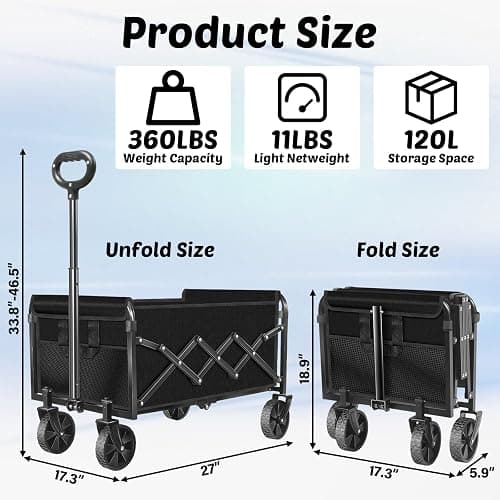Wagons Carts Foldable, 280 Lbs with Adjustable Handle, Black Lightweight Portable, Collapsible Wagon for Beach Trip, Camping, Shopping, Sports, Travel, Picnic and Grocery (Dark Black) thumbnail 2