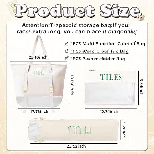 Mykng Nzw 3Pcs Canvas Mahjong Tile Bag Set for Tiles and Racks, Beige | Canvas Tote Bag with Mat Holder Accessories Organizer,Portable Mahjong Case Drawstring Protective Sleeve for Rack Pushers thumbnail 2