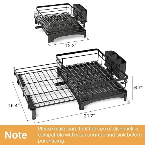 Dish Drying Rack - Extendable Dish Rack, Large Sink Drying Dish Drainer for Kitchen Counter, Stainless Steel Dish Strainer with Utensil Holder (Black) - Black thumbnail 6