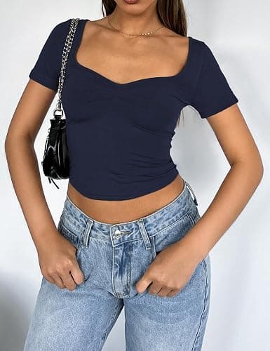 TiulZial Women's Short Sleeve Going Out Crop Top Sexy Pleated Cute Shirt Sweetheart Neck Y2K Ruched Cropped Tops thumbnail 3