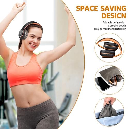 WorWoder Wireless Headphones Over Ear, 80 Hours Playtime Bluetooth Headphones, Hi-Fi Stereo Sound with Microphone, Lightweight Headset with Deep Bass for Travel Work PC Cellphone（Black-Orange） thumbnail 5
