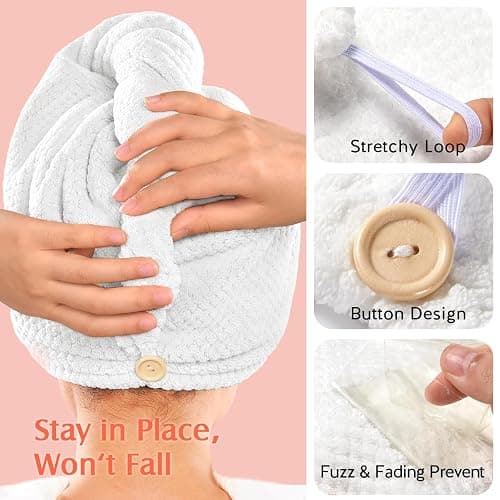 YFONG 2 Pack Microfiber Hair Towel Wrap for Women, Super Absorbent Quick Dry Hair Turban for All Hair Style Anti Frizz, Large Hair Drying Towel with Button thumbnail 5