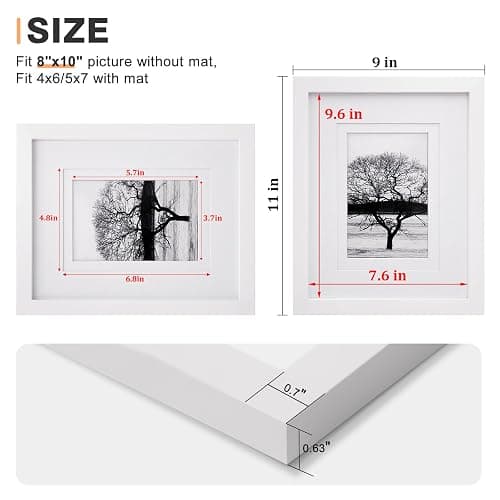 Egofine 8x10 Picture Frames Set of 4, Made of Solid Wood Covered by Plexiglass 4x6 and 5x7 with Mat or 8x10 without Mat, for Table Top Display and Wall Mounting Photo Frame White thumbnail 3