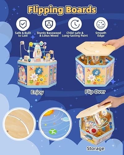 Gleamkid Large Wooden Space Activity Cube Toys, 9-in-1 Early Educational Montessori Learning Toys for 2 3 4 Toddlers with Abacus Bead Maze for 24+ Months Boys Girls First Birthday thumbnail 3