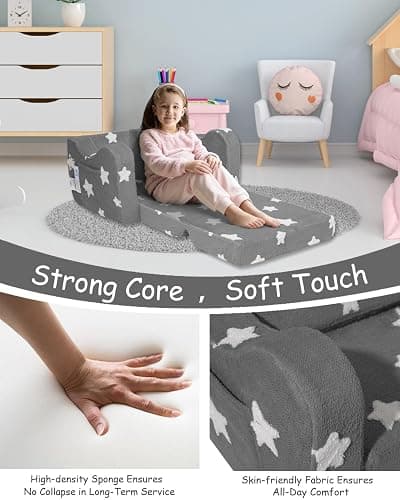 KokoSelene Toddler Couch, Kids Couch for Toddler Fold Out, 2-in-1 Convertible Kid Sofa to Lounger Bed for Girls and Boys, Ideal for Reading Sleeping Gaming Decor (Grey) thumbnail 5