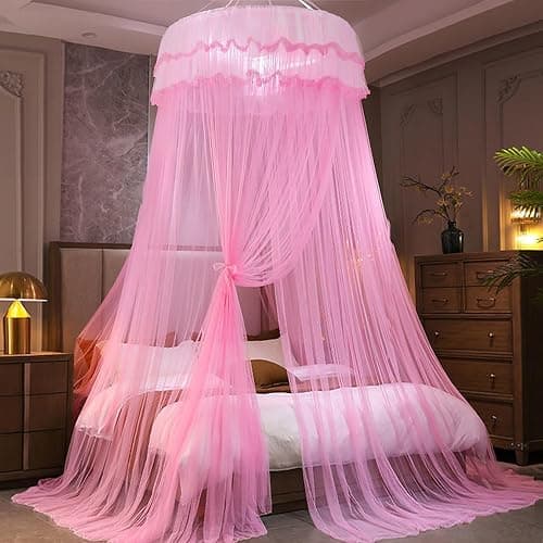 Kertnic Mosquito Net Bed Canopy for Girls, Princess Canopy Bed Curtain Fine Sheer Mesh Dome Bed Canopies, Kids & Adults Lace Tent for Twin Full Queen King Bed (Pink) - Pink thumbnail 4