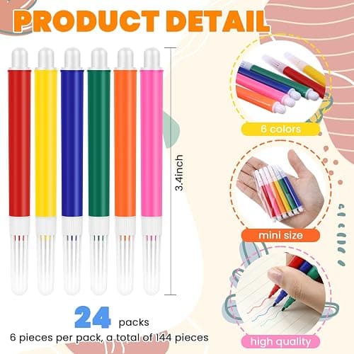 Watersay 144 Pcs Mini Markers Bulk, 3.4 Inch Colored Markers,6 Colors | Portable 3.4" Short Pen for Travel Office, Vibrant Watercolor Ink, Ideal for Adult School Art Projects, Multicolor Assorted thumbnail 3