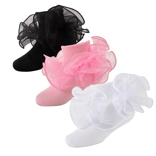 MKYSZLT Baby Girls Ruffle Socks 2-Layer Lace Frilly Turn Cuff Fancy Dress Socks Toddler Girl Preemie Newborn Infant Kids - Image 1