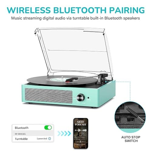 Record Player for Vinyl with 2 Build-in Speakers LP Vinyl Players Belt-Driven Vintage Turntables 3 Speed 3 Size, Wireless Bluetooth Playback, AUX-in, RCA Out, Headphone, Auto Stop,Water Blue thumbnail 3