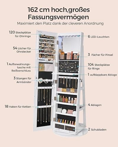 SONGMICS Schmuckschrank, Spiegelschrank, mit rahmenlosem Ganzkörperspiegel, 3 Ablagen, 360° drehbar, abschließbar, Oberfläche in Weiß, Innenfutter in Schwarz JJC007W01 thumbnail 6