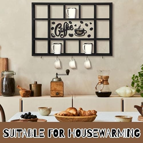 Cinnvoice Oversize Coffee Mug Display Shelf for Wall Wood Coffee Mug Rack Wall Mounted Shelf Cubes Cup Hooks Hanger with Bar Sign Decor for Kitchen Station Bar Accessories(Black) thumbnail 5