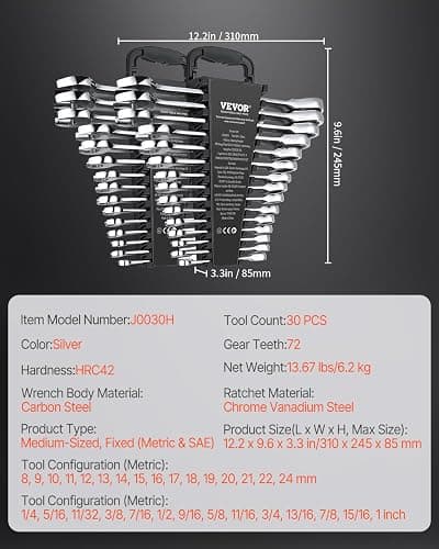 VEVOR Combination Wrench Set, 30-Piece Ratcheting Wrench Set with Organizer Rack, Cr-V Steel Wrench Set SAE 1/4" to 1", Metric 8 mm to 24 mm, Ideal for General Household, Garage, Workshop, Emergency thumbnail 7