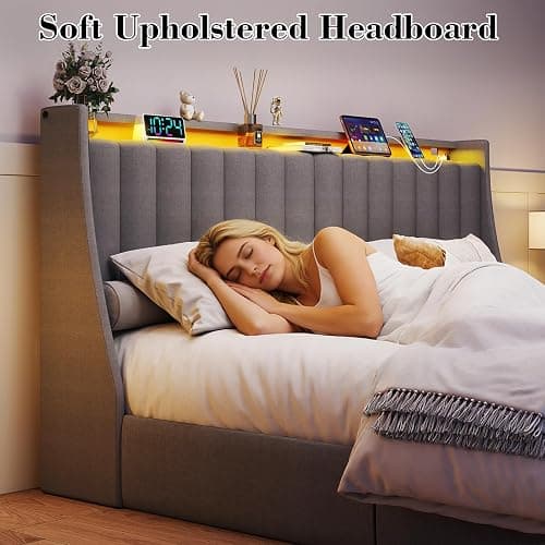 Queen Bed Frame with 2 Storage Drawers, Platform Bed Frame Queen Size with LED Light, Upholstered Headboard, Charging Station, Steel Slat Support, No Box Spring Needed, Noise-Free, Easy Assembly, Gray thumbnail 5