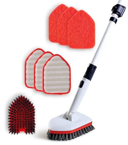 Moku Home Shower Scrubber 3 in 1 Extendable Long Handle 58" Cleaning Brush Bundle Value Pack - Non Scratch Shower Brush for Cleaning Bathroom Kitchen Toilet Wall Tub Tile Sink with 8 Refills (Red) - Image 1