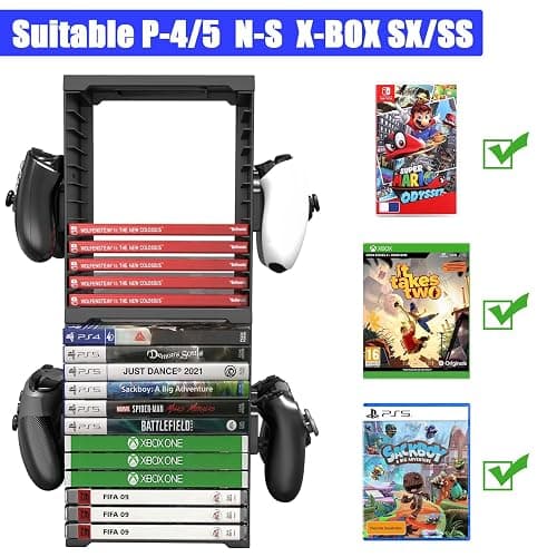 SIKEMAY Game Storage Tower for PS5/PS4/Xbox Series S & X - Universal Video Game Disc Organizer with 24 PCS Holders, 4 Controller Slots & Stand Rack Accessories - Black thumbnail 4