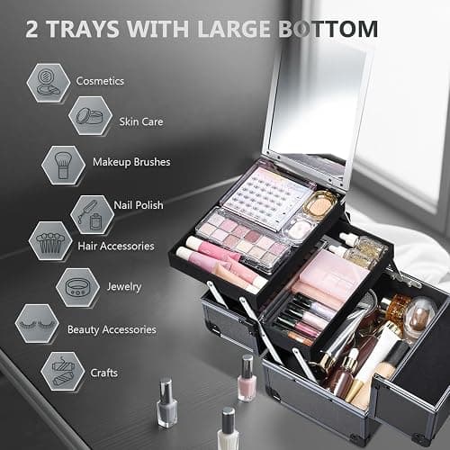 Joligrace Makeup Train Case Makeup Case Organizer Portable Cosmetic Box Storage with 2 Trays Mirror Locking with Keys Make Up Travel Case Nail Kits Traveling Makeup Box Iron Grey thumbnail 3