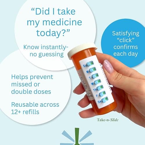 TAKE-N-SLIDE Peel and Stick Reusable for 12 + Refills, Pill/Medication/Vitamin/Pet Med Tracker & Reminder, Attach to Your Bottle, Organizer-Free, Curved‑Back (White, 5-Pack) thumbnail 5