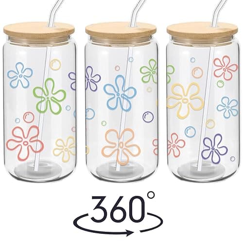 Mikopei Cute Glass Cups with Lids and Straws - Flowers and Bubbles Iced Coffee Cup for Adults, Unique Gifts for Women Men, Funny Unique Decor Party Birthday Decorations, 16 oz thumbnail 3