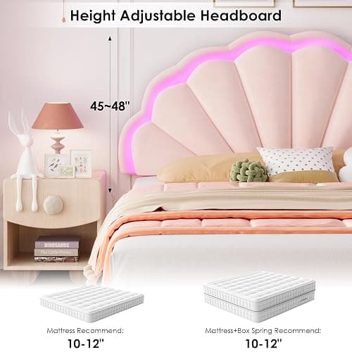 HIFIT Full Size Upholstered Smart LED Bed Frame with 2 Storage Drawers and Adjustable Chic Double Petal Headboard, Princess Platform Bed for Girls, Solid Wood Slats Support/No Box Spring Needed, Pink thumbnail 8