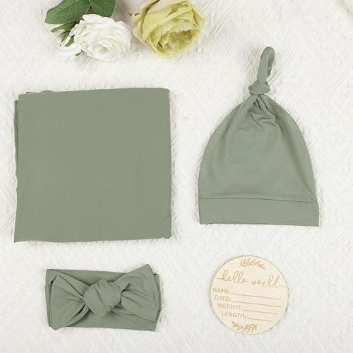 TANOFAR 4-Pack Newborn Swaddle Blanket for Baby Girls & Boys, Ultra Soft Receiving Blankets with Matching Headband and Beanie Set Baby Nursery Swaddle Wrap (Green) thumbnail 6