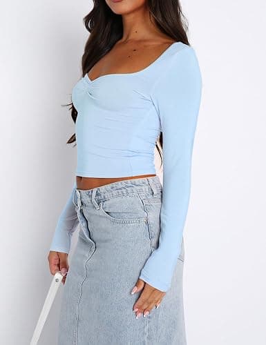 TiulZial Women's Long Sleeve Going Out Crop Top Sexy Pleated Trendy Shirt Sweetheart Neck Y2K Ruched Cropped Tops thumbnail 3