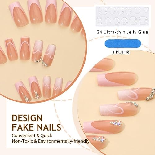 GlamRays Pack of 24 Pink Coffin Press On Nails, Deep Gradient Colour, French Manicure with Heart Decoration thumbnail 3