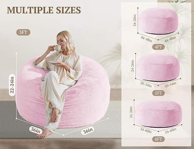 WSOFRLAC 3FT Bean Bag Chair, Comfy Bean Bag Chairs for Adults, Luxury Velvet Memory Foam Stuffed Beans Bags with Removable Cover, Adult Beanbag Chair with Filler for Living Room, Bedroom, Pink thumbnail 2