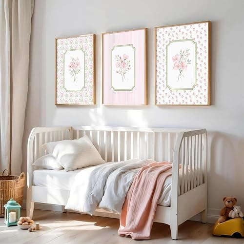 Pink Floral Wall Art Nursery Flower Canvas Wall Decor Baby Girl Wildflower Pictures Aesthetic Striped Botanical Poster Prints Pink Green Floral Painting Artwork for Girl Room 12x16 Inch Unframed 3Pcs thumbnail 3