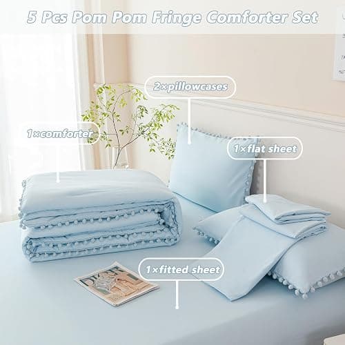 PERFEMET 5 Pieces Twin Bedding Sets Light Blue Pom Pom Comforter for Girls | Soft Fluffy Solid Bed Sets for Bedroom All Season Boho Bed in A Bag for Kids Women with Comforter, Sheets & 2 Pillowcases thumbnail 3