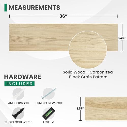 Solid Wood Floating Shelves For Wall, 36”W x 9”D x 1.56”H Large Wall Shelves for Living Room Bedroom Bathroom Kitchen Drcor Storage with Invisible Heavy-Duty Metal Bracket, Natural, Set of 2 thumbnail 2