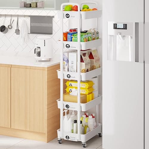 Laiensia 5-Tier Rolling Cart with Wheels,Multifunction Utility Storage Carts, Kitchen Storage Organizer,Mobile Shelving Unit for Bathroom,Laundry,with Classified Stickers,White thumbnail 5