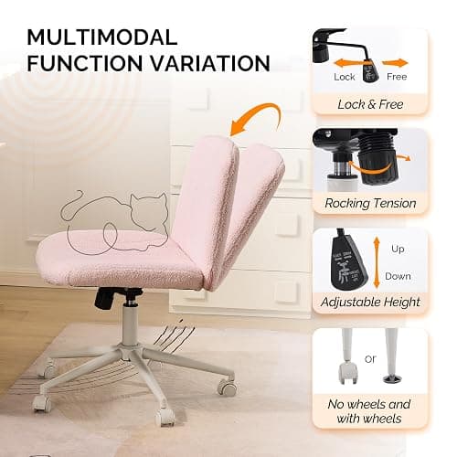 VINGLI Criss Cross Legged Chair,Wide Comfy Office Desk Chair,Dual-Use with/no Wheels Computer Task Chair,Swivel Armless Vanity Boucle Chair for Study,Make Up,Home Office,Teddy Fleece,Pink thumbnail 6