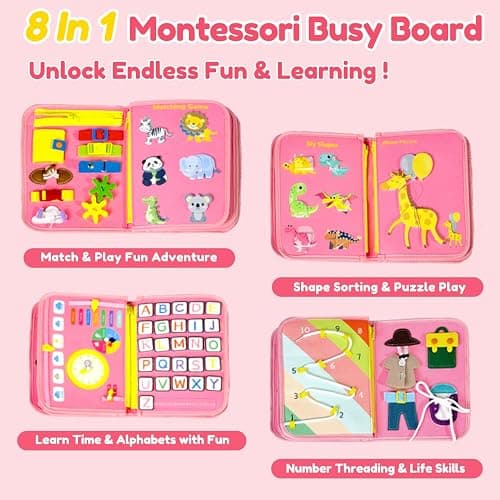 Qizfun Toddler Busy Board Montessori Toys – Sensory Busy Book, Educational Learning Travel Toy for Airplane & Car, Keeps Toddlers Engaged, Birthday Gifts for Toddler Girls thumbnail 4