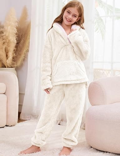 Flygo Girls Fuzzy Pants Set Fleece Outfits Winter Flannel Loose Fluffy Pullover Sweatshirt Top Pants Sweatsuit thumbnail 3