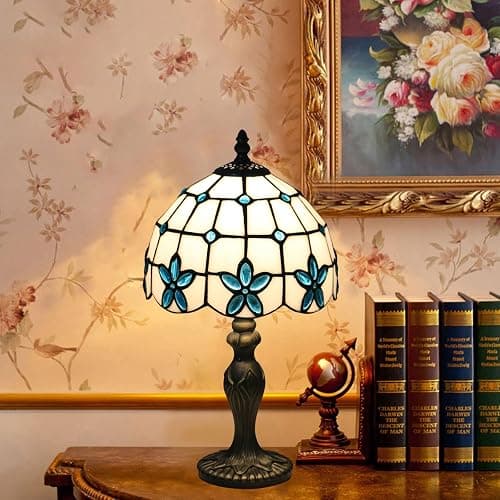 tuomoxte Tiffany Style Table Lamp, 8 Inch Stained Glass Lamp, Small Antique Table Lamp, Bedside Nightstand Lamp for Bedroom,Living Room Home Office, Blue Flower Pattern, Include LED Bulb thumbnail 2