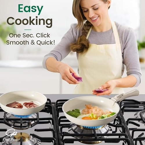 Chef Power Ceramic Cookware Set Non Toxic with Detachable Handles, Healthy Nonstick Pans and Pots Set 19 Pcs, Induction Dishwasher Oven Safe Kitchen Set, PFAS PFOA & PTFE Free, Cream White thumbnail 2
