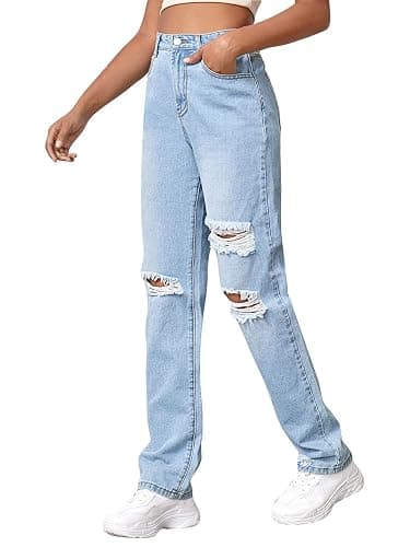 SweatyRocks Women's Ripped Straight Leg Jeans High Waist Distressed Cutout Denim Pants thumbnail 4