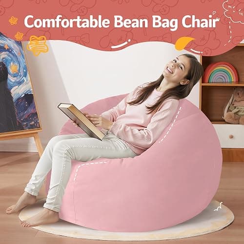 Homguava Bean Bag Chair: Bean Bags with Memory Foam Filled,Comfy Beanbag Chairs Round Bean Bag Sofa with Dutch Velvet Cover-2FT-28 x28 x22,Light Pink thumbnail 7