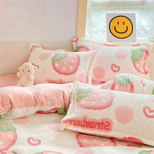MorroMorn Decorative Pillows Covers Pink Kawaii, 2 Packs Plush Pillow Cases Standard Size, Soft Throw Pillowcase Cushion Shams with Zipper Closure Girls Room Decor (Pink Strawberry, Standard) thumbnail 6
