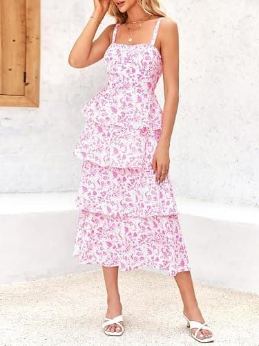 Wenrine Womens Summer Floral Maxi Dresses Sleeveless Spaghetti Strap Tie Back Ruffle Tiered Flowy Dresses thumbnail 5