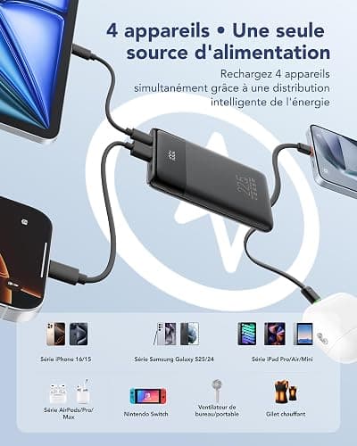 VEGER Batterie Externe 10000mah avec Câble Intégré, Power Bank Portable | 22.5W Charge Rapide, Fin Compact Chargeur USB C avec écran LED, 4 Sorties et 3 Entrées, Compatible avec iPhone Huawei Xiaomi thumbnail 6